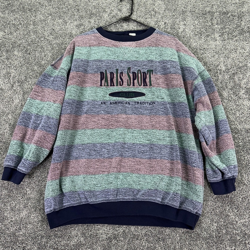 Vintage Paris Sport Club Sweatshirt Mens XL Multicolor Striped Fleece Crewneck